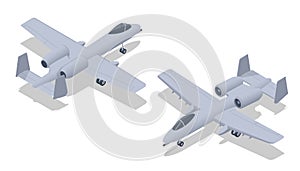 Isometric Close air support attack aircraft Fairchild Republic A-10 Thunderbolt II. Single-seat, twin-turbofan, straight