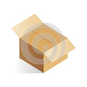 Isometric closed cardboard box, opening process of square parcel