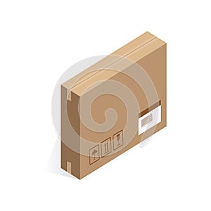 Isometric closed cardboard box, wrapping of parcel with barcode