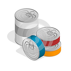 Isometric closed food tin cans with blank label on white photo