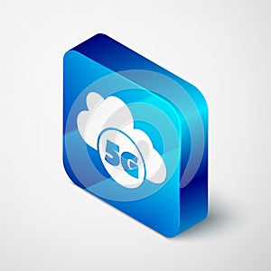 Isometric Cloud 5G new wireless internet wifi connection icon isolated on grey background. Global network high speed