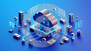Isometric cloud computing concept with data servers, network connections, and digital information flow