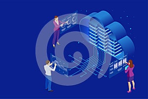 Isometric cloud computing concept represented by a server, with a cloud representation hologram concept. Data center