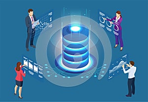 Isometric cloud computing concept represented by a server, with a cloud representation hologram concept. Data center