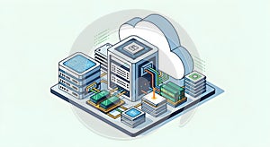 Isometric Cloud Computing and Data Center Illustration