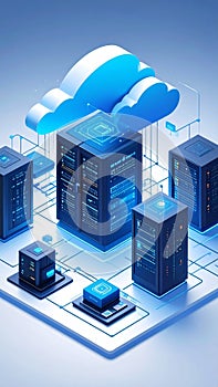 Isometric cloud computing and data server technology concept illustration