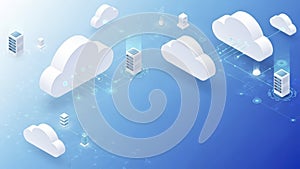 Isometric Cloud Computing and Data Storage Network on Blue Background
