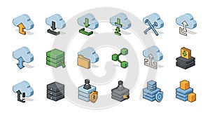 Isometric Cloud Computing and Data Technology Icons Set
