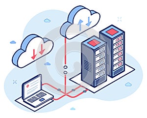 Isometric illustration of cloud computing with laptop and servers connected by red lines