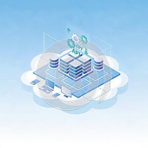 An isometric cloud computing infrastructure with servers, databases, APIs, and user devices linked through structured network