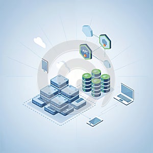 An isometric cloud computing infrastructure with servers, databases, APIs, and user devices linked through structured network