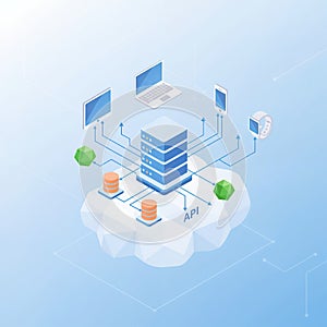 An isometric cloud computing infrastructure with servers, databases, APIs, and user devices linked through structured network