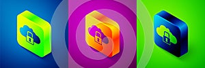 Isometric Cloud computing lock icon isolated on blue, purple and green background. Security, safety, protection concept