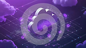 Isometric Cloud Computing Network: Purple Glowing Digital Data Server
