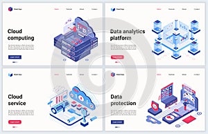 Isometric cloud data service vector illustration, cartoon 3d modern cloud datacenter platform storage, futuristic