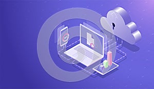 Isometric Cloud data storage center and cloud computing concept, Data transfer upload-download process by laptop, smartphone and