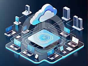 isometric cloud data storage concept with server and center on blue background. 3d image