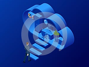 Isometric cloud office with people concept. Web banner for data processing in the cloud. Cloud storage, data transfers