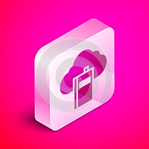 Isometric Cloud or online library icon isolated on pink background. Internet education or distance training. Silver