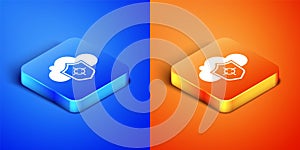 Isometric Cloud and shield icon isolated on blue and orange background. Cloud storage data protection. Security, safety