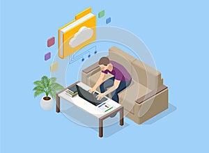 Isometric Cloud Technology. Man Working From Home. Global Outsourcing, People Using Cloud System in Distant Work and
