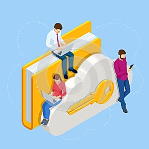 Isometric Cloud Technology. People Working From Office. Global Outsourcing, People Using Cloud System in Distant Work