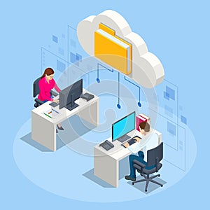 Isometric Cloud Technology. People Working From Office. Global Outsourcing, People Using Cloud System in Distant Work
