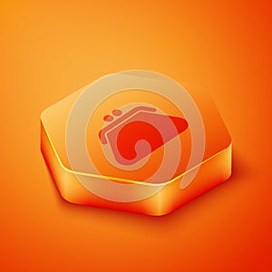 Isometric Clutch bag icon isolated on orange background. Women clutch purse. Orange hexagon button. Vector