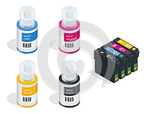 Isometric CMYK set of cartridges for ink jet printer and color chart. Empty refillable cartridges for colour inkjet