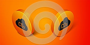 Isometric CO2 emissions in cloud icon isolated on orange background. Carbon dioxide formula, smog pollution concept