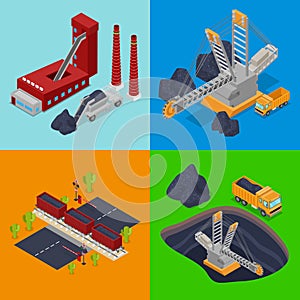 Isometric Coal Industry with Plant, Miner and Trucks