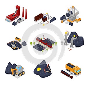 Isometric Coal Industry with Workers in Mine with Excavator, Miner and Equipment