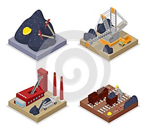 Isometric Coal Industry. Workers in Mine, Truck and Excavator