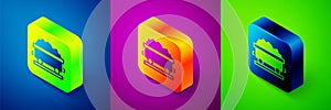 Isometric Coal train wagon icon isolated on blue, purple and green background. Rail transportation. Square button