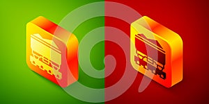 Isometric Coal train wagon icon isolated on green and red background. Rail transportation. Square button. Vector