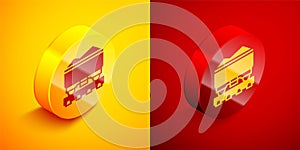 Isometric Coal train wagon icon isolated on orange and red background. Rail transportation. Circle button. Vector