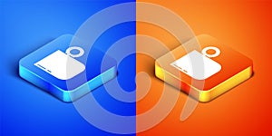 Isometric Coffee cup icon isolated on blue and orange background. Tea cup. Hot drink coffee. Square button. Vector