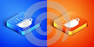 Isometric Coffee cup icon isolated on blue and orange background. Tea cup. Hot drink coffee. Square button. Vector