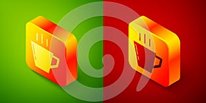 Isometric Coffee cup icon isolated on green and red background. Tea cup. Hot drink coffee. Square button. Vector