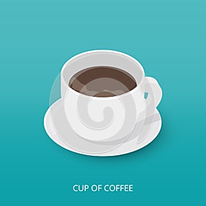 Isometric coffee cup icon. View of a cup of coffee with saucer. Vector illustration.