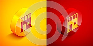 Isometric Coffee shop icon isolated on orange and red background. Circle button. Vector Illustration