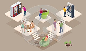 Isometric coffee time concept. Self-service coffee machines offer consistent quality coffee. Vending machine with coffee photo