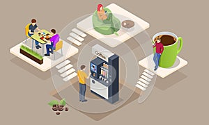 Isometric coffee time concept. Self-service coffee machines offer consistent quality coffee. Vending machine with coffee photo