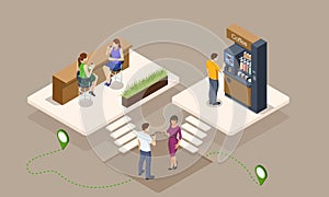 Isometric coffee time concept. Self-service coffee machines offer consistent quality coffee. Vending machine with coffee photo