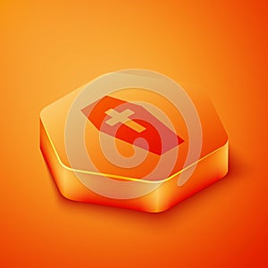 Isometric Coffin with christian cross icon isolated on orange background. Happy Halloween party. Orange hexagon button