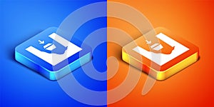 Isometric Coffin in grave icon isolated on blue and orange background. Funeral ceremony. Square button. Vector