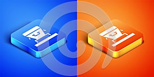 Isometric Coffin icon isolated on blue and orange background. Funeral ceremony. Square button. Vector