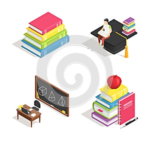 Isometric college education icon, stack of books and study