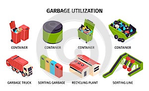 Isometric Colored Garbage Recycling Icon Set