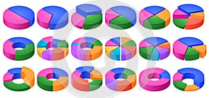 Isometric colorful pie charts. Data visualization, percentage share stats and volume segments circle chart 3D vector